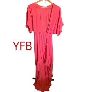 YOUNG FABULOUS & BROKE Ruffle High Low Wrap Dress Coral Pink Large L